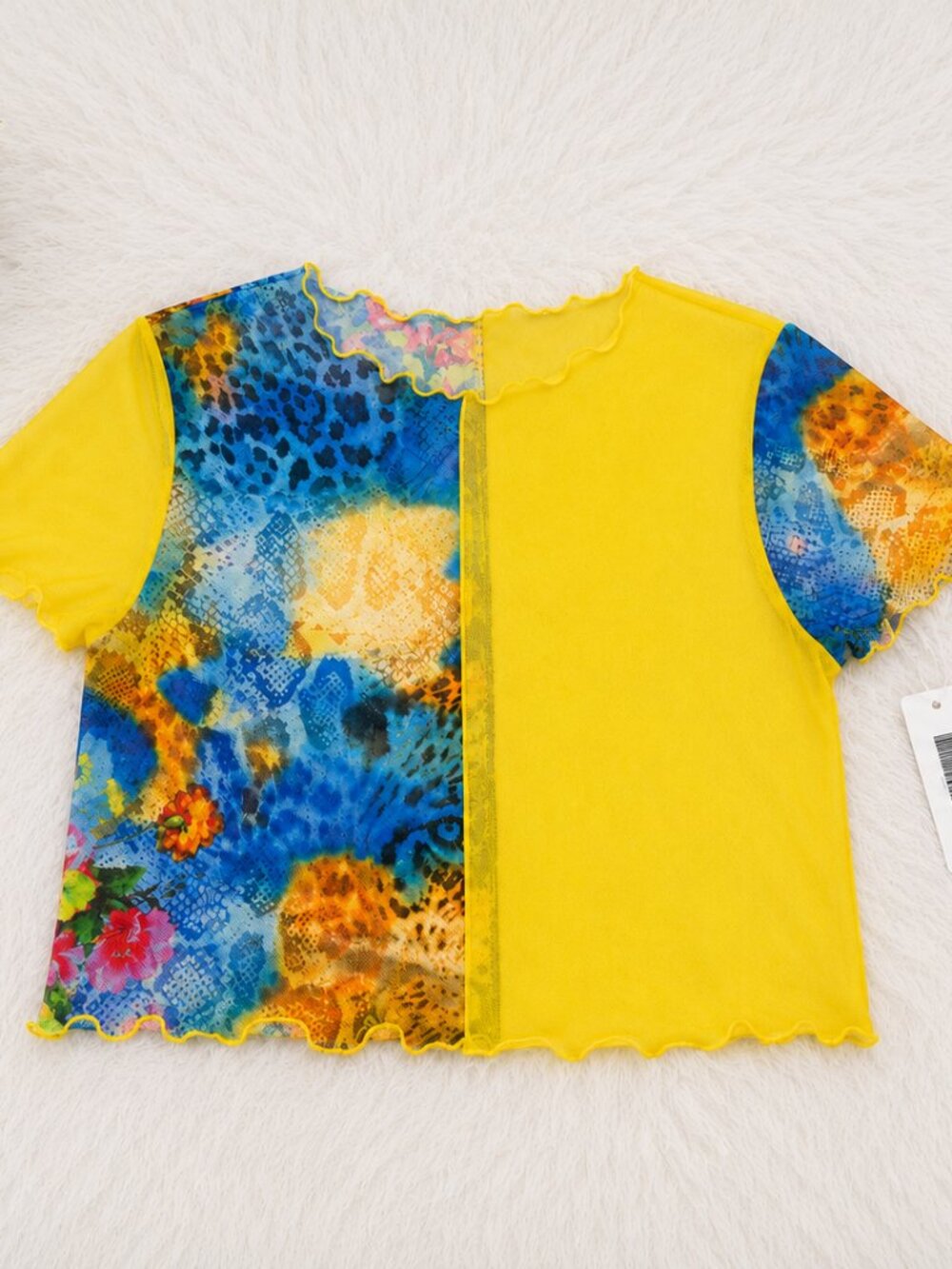 NWT Colorblock Sheer Mesh Top | Yellow Blue Abstract Print | Short Sleeve Y2K